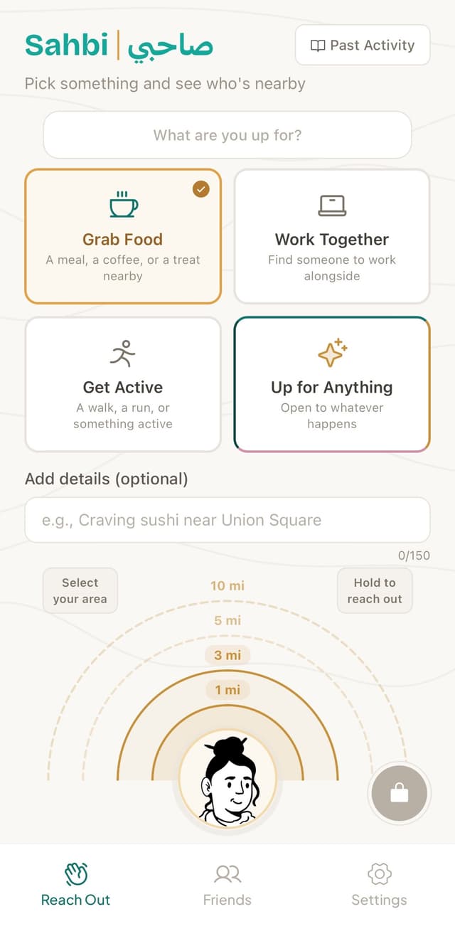 Sahbi intent setting screen — pick a category, set your radius
